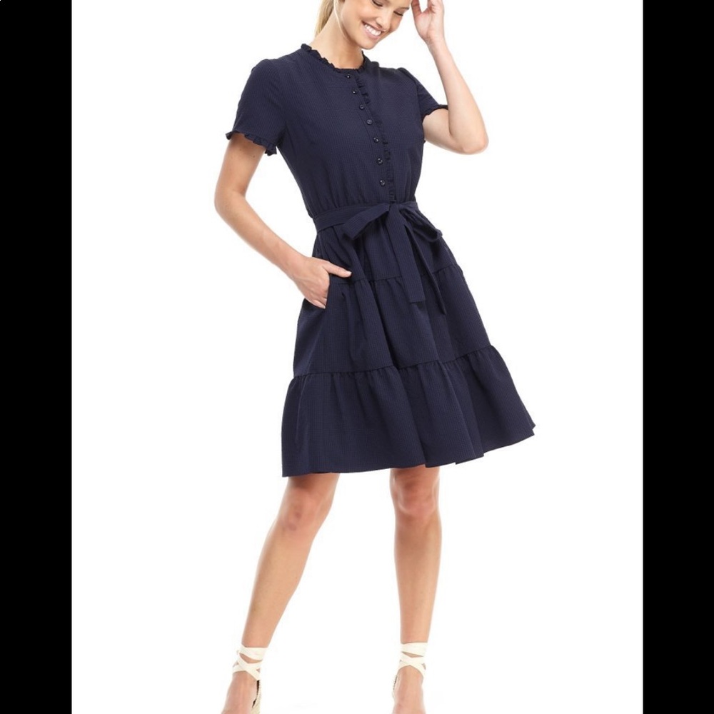 Gal Meets Glam Navy Tiered Midi Dress with Belt - Picture 8 of 11